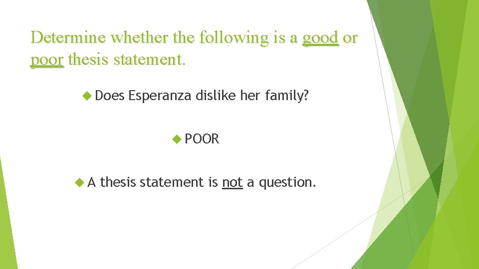 Determine whether the following is a good or poor thesis statement. Does Esperanza dislike