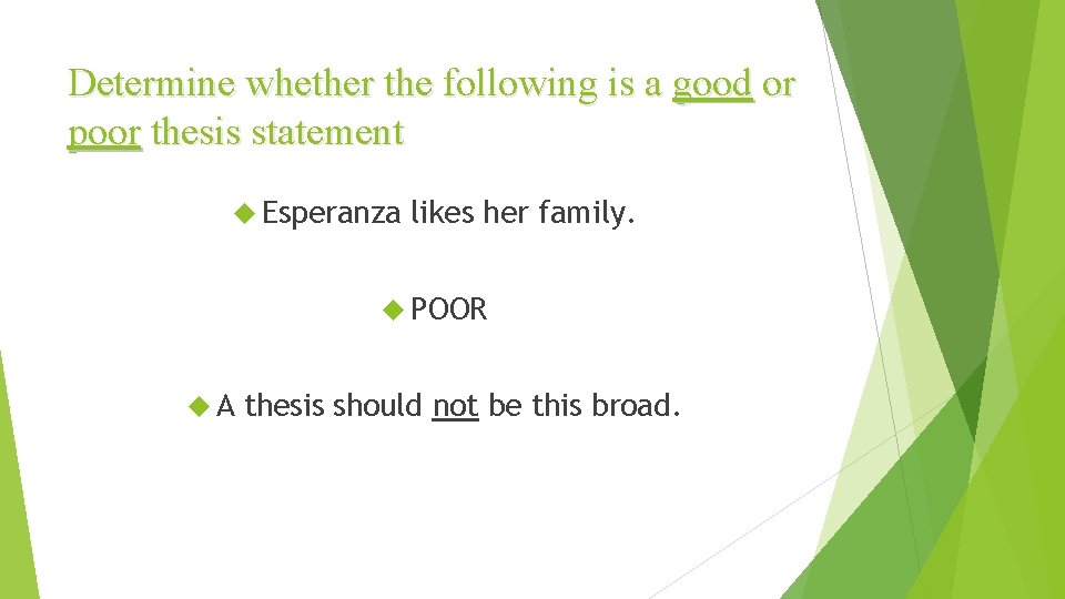 Determine whether the following is a good or poor thesis statement Esperanza likes her
