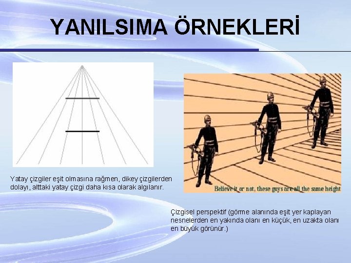 YANILSIMA ÖRNEKLERİ Yatay çizgiler eşit olmasına rağmen, dikey çizgilerden dolayı, alttaki yatay çizgi daha