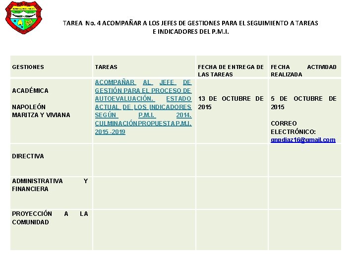 TAREA No. 4 ACOMPAÑAR A LOS JEFES DE GESTIONES PARA EL SEGUIMIENTO A TAREAS TAREA No. 4 ACOMPAÑAR A LOS JEFES DE GESTIONES PARA EL SEGUIMIENTO A TAREAS