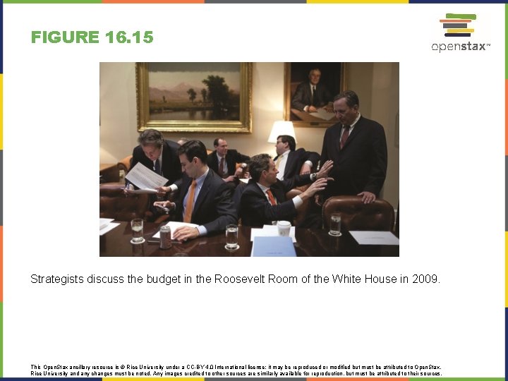FIGURE 16. 15 Strategists discuss the budget in the Roosevelt Room of the White
