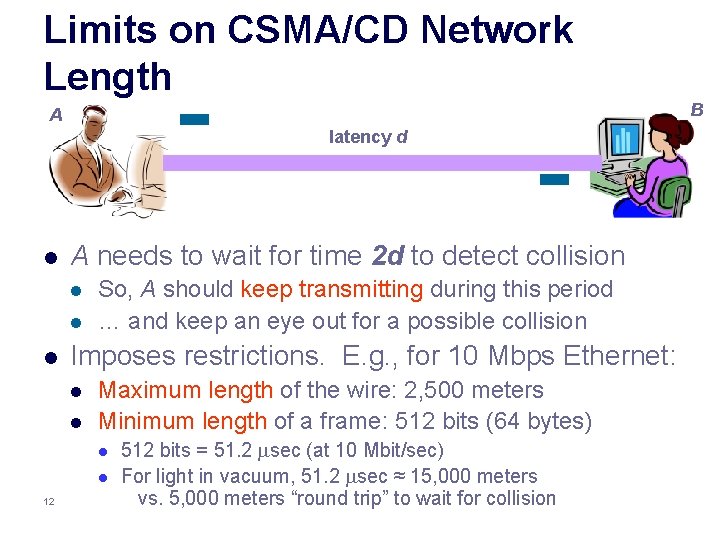 Limits on CSMA/CD Network Length B A latency d l A needs to wait