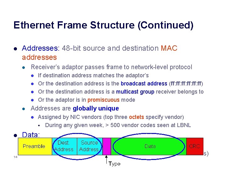 Ethernet Frame Structure (Continued) l Addresses: 48 -bit source and destination MAC addresses l