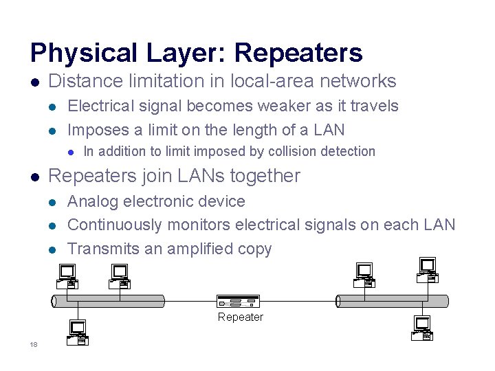 Physical Layer: Repeaters l Distance limitation in local-area networks l l Electrical signal becomes