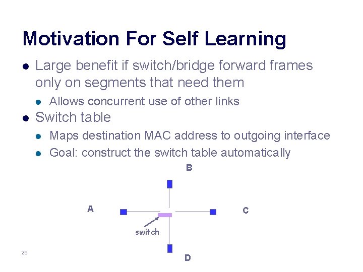Motivation For Self Learning l Large benefit if switch/bridge forward frames only on segments