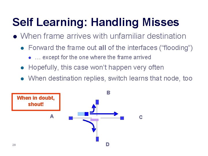 Self Learning: Handling Misses l When frame arrives with unfamiliar destination l Forward the