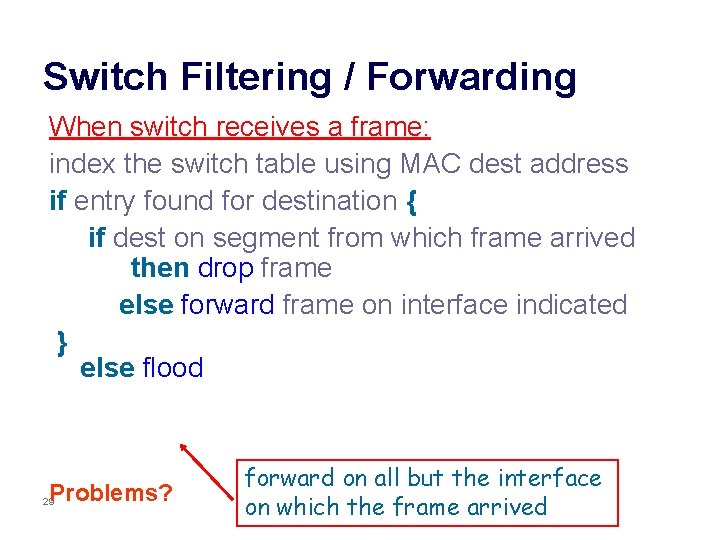 Switch Filtering / Forwarding When switch receives a frame: index the switch table using