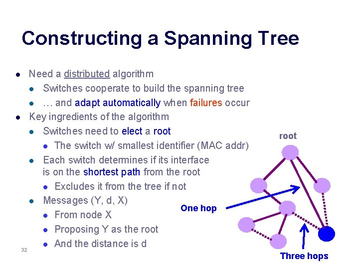Constructing a Spanning Tree Need a distributed algorithm l Switches cooperate to build the