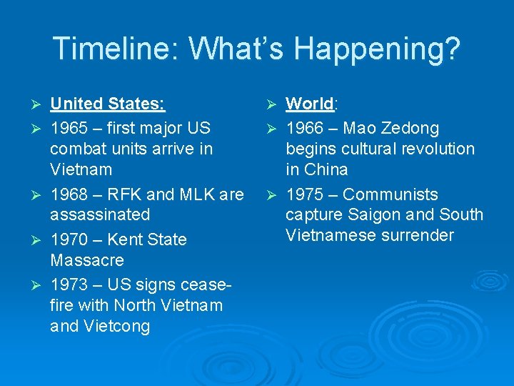 Timeline: What’s Happening? Ø Ø Ø United States: 1965 – first major US combat