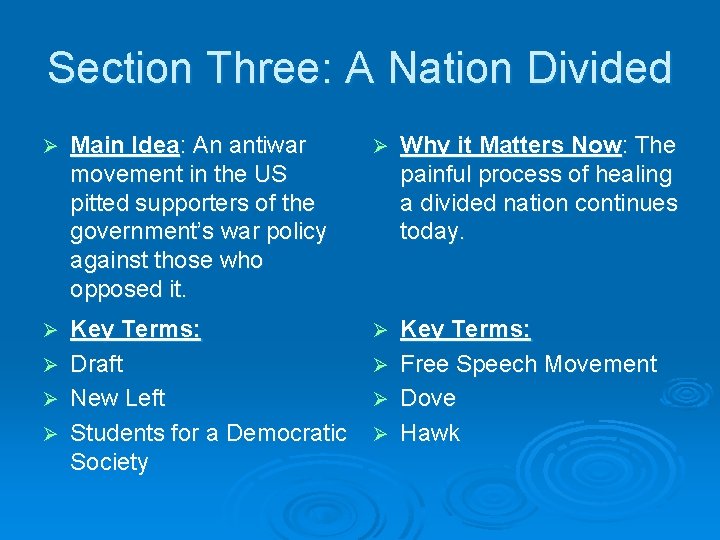 Section Three: A Nation Divided Ø Main Idea: An antiwar movement in the US