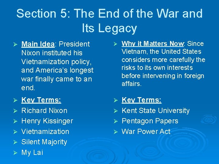 Section 5: The End of the War and Its Legacy Ø Main Idea: President