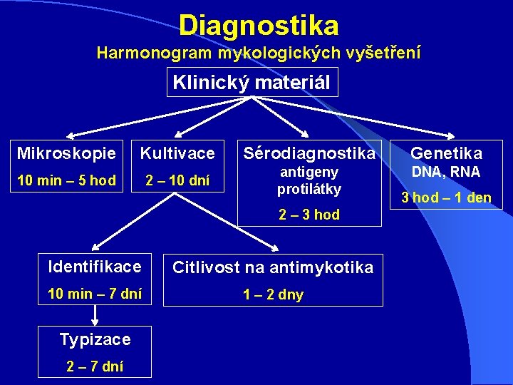 Diagnostika Harmonogram mykologických vyšetření Klinický materiál Mikroskopie Kultivace Sérodiagnostika Genetika 10 min – 5