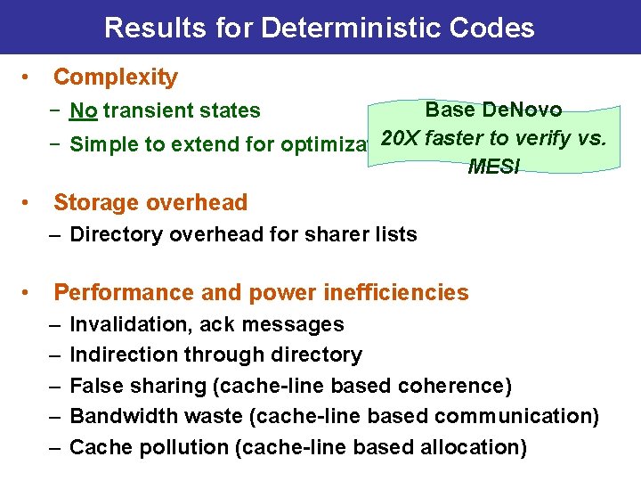 Results for Deterministic Codes • Complexity Base De. Novo 20 X faster to verify