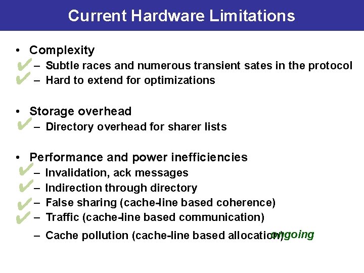 Current Hardware Limitations • Complexity ✔– Subtle races and numerous transient sates in the