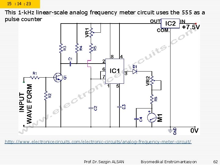 This 1 -k. Hz linear-scale analog frequency meter circuit uses the 555 as a