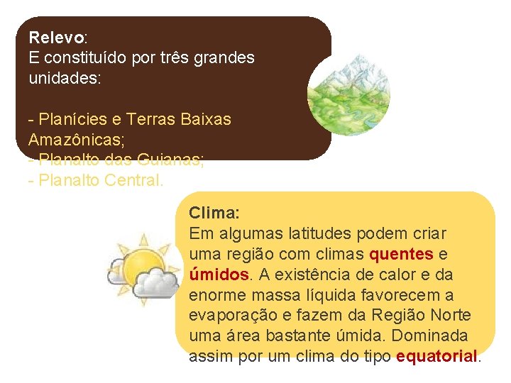 Relevo: E constituído por três grandes unidades: - Planícies e Terras Baixas Amazônicas; -