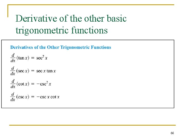 Derivative of the other basic trigonometric functions 66 Derivative of the other basic trigonometric functions 66