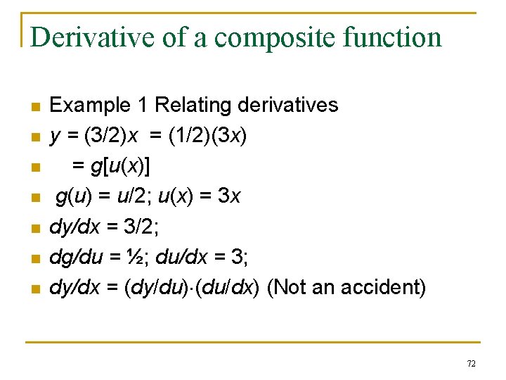 Derivative of a composite function n n n Example 1 Relating derivatives y = Derivative of a composite function n n n Example 1 Relating derivatives y =