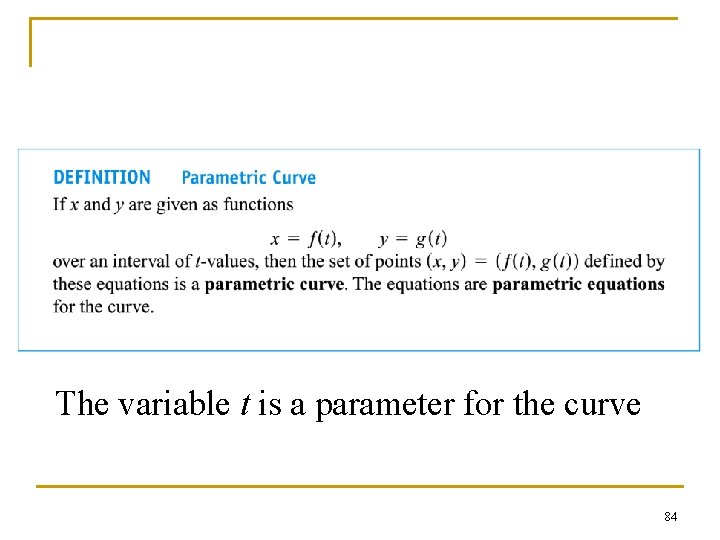The variable t is a parameter for the curve 84 The variable t is a parameter for the curve 84