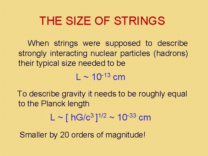 THE SIZE OF STRINGS When strings were supposed to describe strongly interacting nuclear particles THE SIZE OF STRINGS When strings were supposed to describe strongly interacting nuclear particles