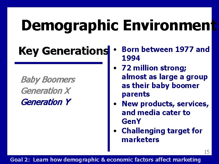 Demographic Environment Key Generations Baby Boomers Generation X Generation Y • Born between 1977