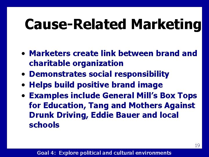 Cause-Related Marketing • Marketers create link between brand charitable organization • Demonstrates social responsibility