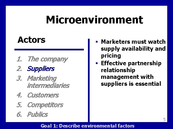 Microenvironment Actors 1. The company 2. Suppliers 3. Marketing intermediaries 4. Customers 5. Competitors