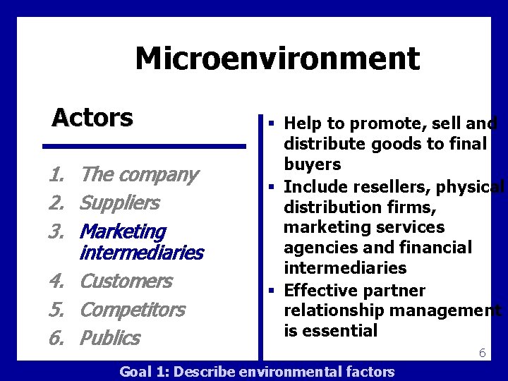 Microenvironment Actors 1. The company 2. Suppliers 3. Marketing intermediaries 4. Customers 5. Competitors