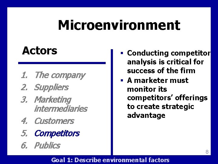 Microenvironment Actors 1. The company 2. Suppliers 3. Marketing intermediaries 4. Customers 5. Competitors