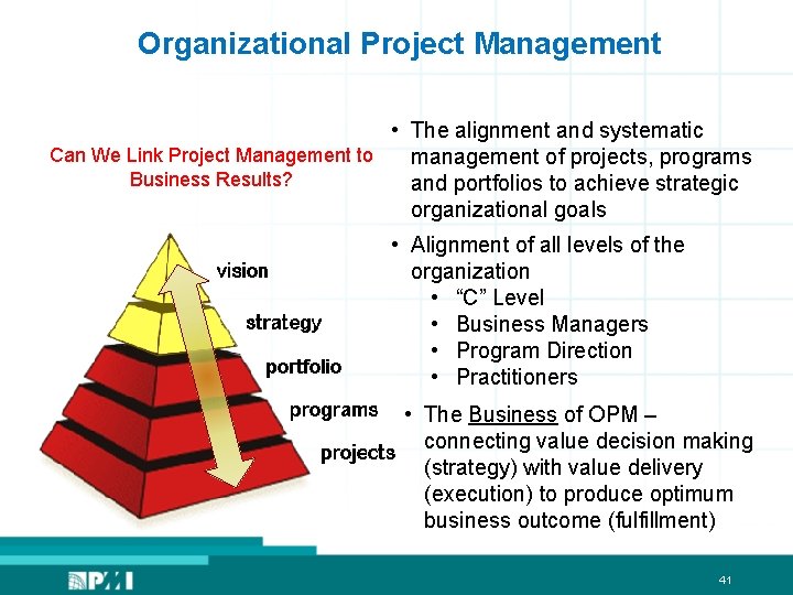 Organizational Project Management • The alignment and systematic Can We Link Project Management to