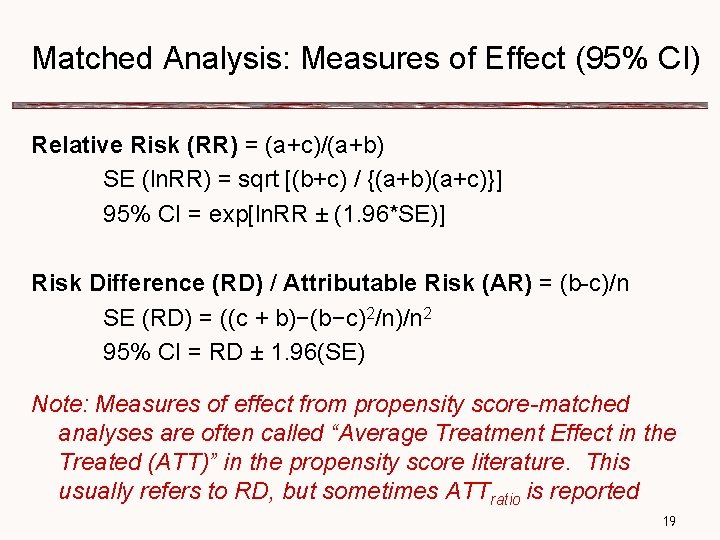 Matched Analysis: Measures of Effect (95% CI) Relative Risk (RR) = (a+c)/(a+b) SE (ln.