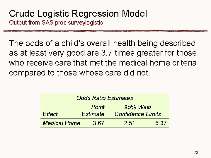 Crude Logistic Regression Model Output from SAS proc surveylogistic The odds of a child’s