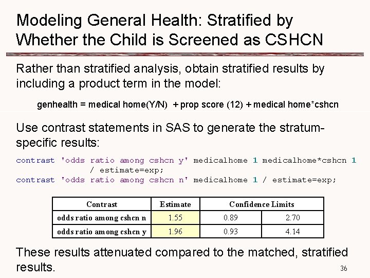 Modeling General Health: Stratified by Whether the Child is Screened as CSHCN Rather than