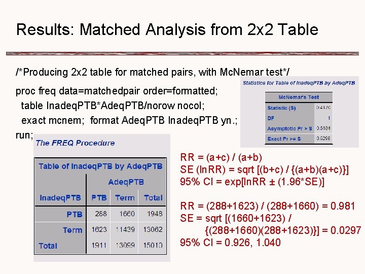 Results: Matched Analysis from 2 x 2 Table /*Producing 2 x 2 table for