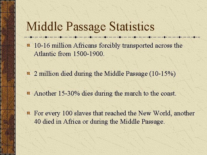 Middle Passage Statistics 10 -16 million Africans forcibly transported across the Atlantic from 1500