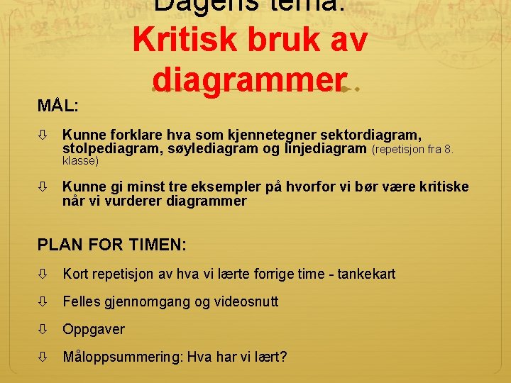 Dagens tema: MÅL: Kritisk bruk av diagrammer Kunne forklare hva som kjennetegner sektordiagram, stolpediagram,