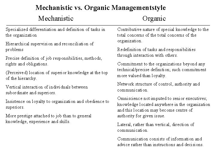 Mechanistic vs. Organic Managementstyle Mechanistic Organic Specialized differentiation and definition of tasks in the