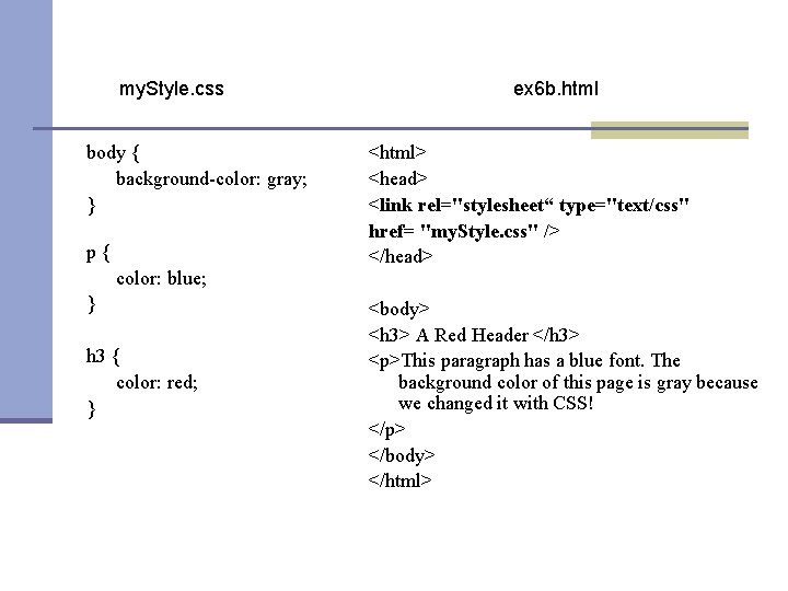 my. Style. css body { background-color: gray; } p{ color: blue; } h 3
