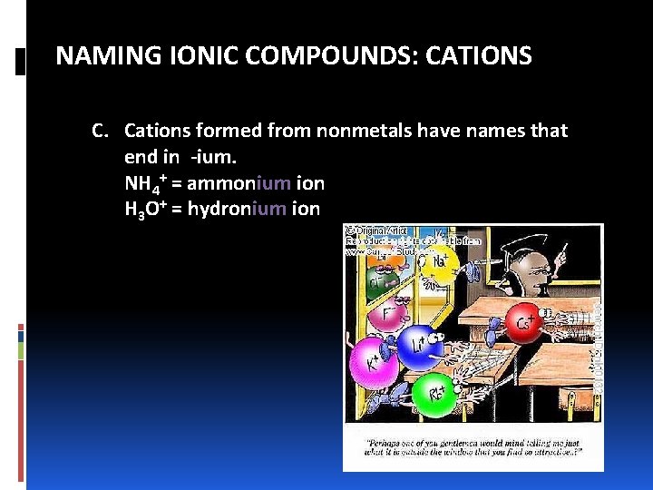 NAMING IONIC COMPOUNDS: CATIONS C. Cations formed from nonmetals have names that end in