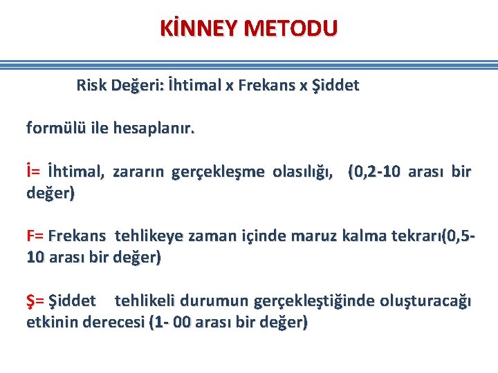 KİNNEY METODU Risk Değeri: İhtimal x Frekans x Şiddet formülü ile hesaplanır. İ= İhtimal, KİNNEY METODU Risk Değeri: İhtimal x Frekans x Şiddet formülü ile hesaplanır. İ= İhtimal,