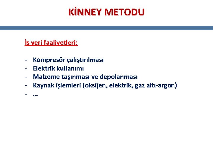 KİNNEY METODU İş yeri faaliyetleri: - Kompresör çalıştırılması Elektrik kullanımı Malzeme taşınması ve depolanması KİNNEY METODU İş yeri faaliyetleri: - Kompresör çalıştırılması Elektrik kullanımı Malzeme taşınması ve depolanması