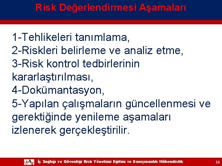 Risk Değerlendirmesi Aşamaları 1 -Tehlikeleri tanımlama, 2 -Riskleri belirleme ve analiz etme, 3 -Risk Risk Değerlendirmesi Aşamaları 1 -Tehlikeleri tanımlama, 2 -Riskleri belirleme ve analiz etme, 3 -Risk