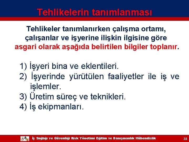 Tehlikelerin tanımlanması Tehlikeler tanımlanırken çalışma ortamı, çalışanlar ve işyerine ilişkin ilgisine göre asgari olarak Tehlikelerin tanımlanması Tehlikeler tanımlanırken çalışma ortamı, çalışanlar ve işyerine ilişkin ilgisine göre asgari olarak