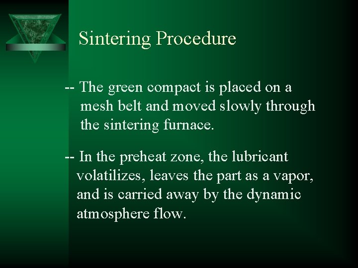 Sintering Procedure -- The green compact is placed on a mesh belt and moved