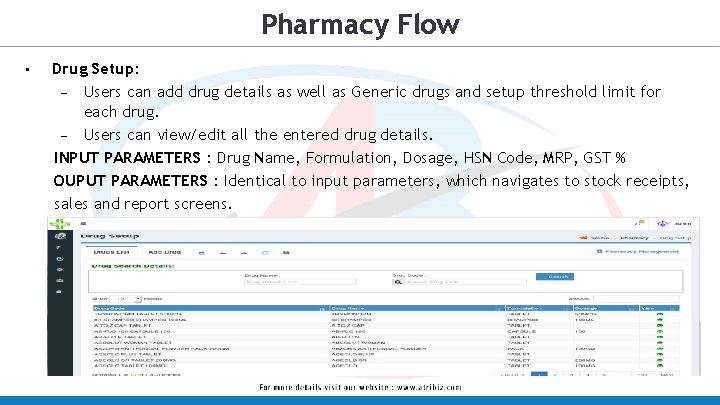 Pharmacy Flow • Drug Setup: – Users can add drug details as well as