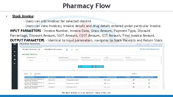 Pharmacy Flow • Stock Invoice: - Users can add invoices for selected stockist -