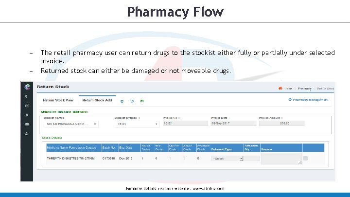 Pharmacy Flow – – The retail pharmacy user can return drugs to the stockist