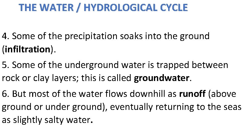 THE WATER / HYDROLOGICAL CYCLE 4. Some of the precipitation soaks into the ground