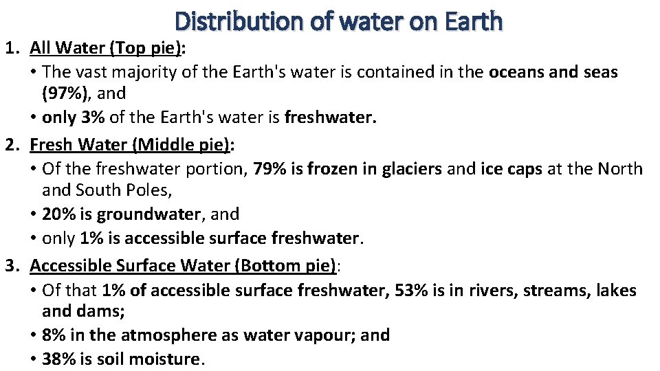 Distribution of water on Earth 1. All Water (Top pie): • The vast majority