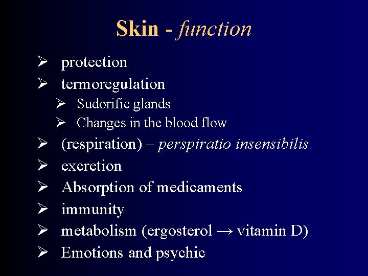 Skin - function protection termoregulation Sudorific glands Changes in the blood flow (respiration) –